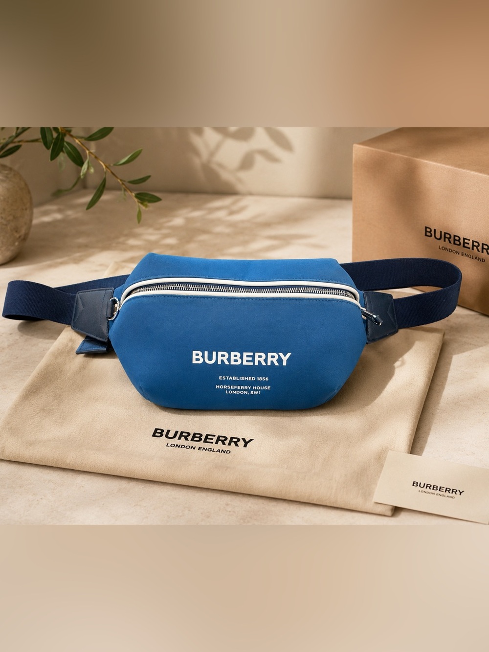 Burberry Blue Logo Belt Bag with White Zip